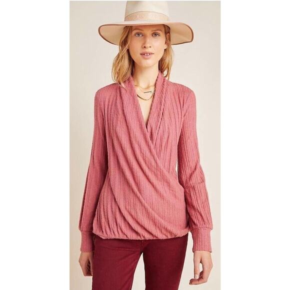 Maeve Anthropologie Rafela Surplice Ribbed Top Pink Small Soft Knit V-Neck - Picture 1 of 7